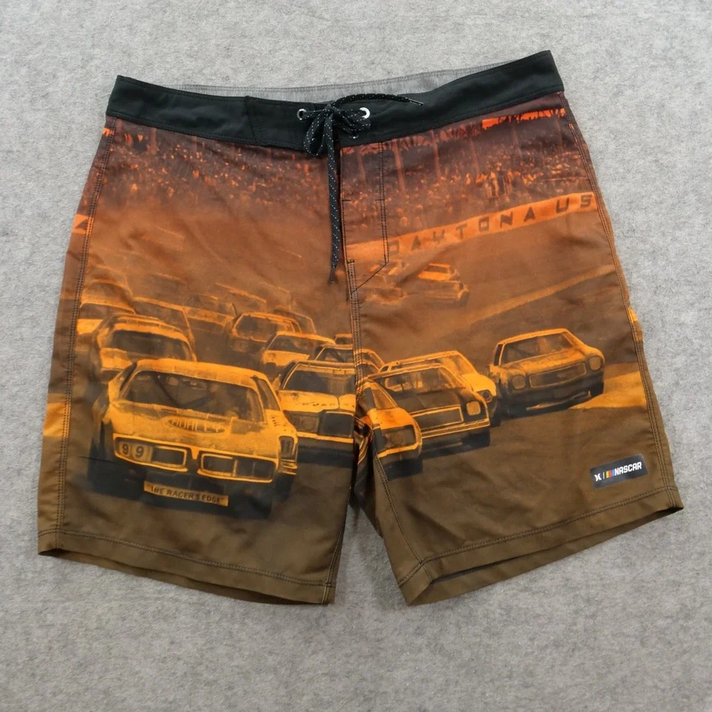Hurley x Nascar Boardshorts Mens 32 Brown Swim Trunks Daytona Graphic Racing